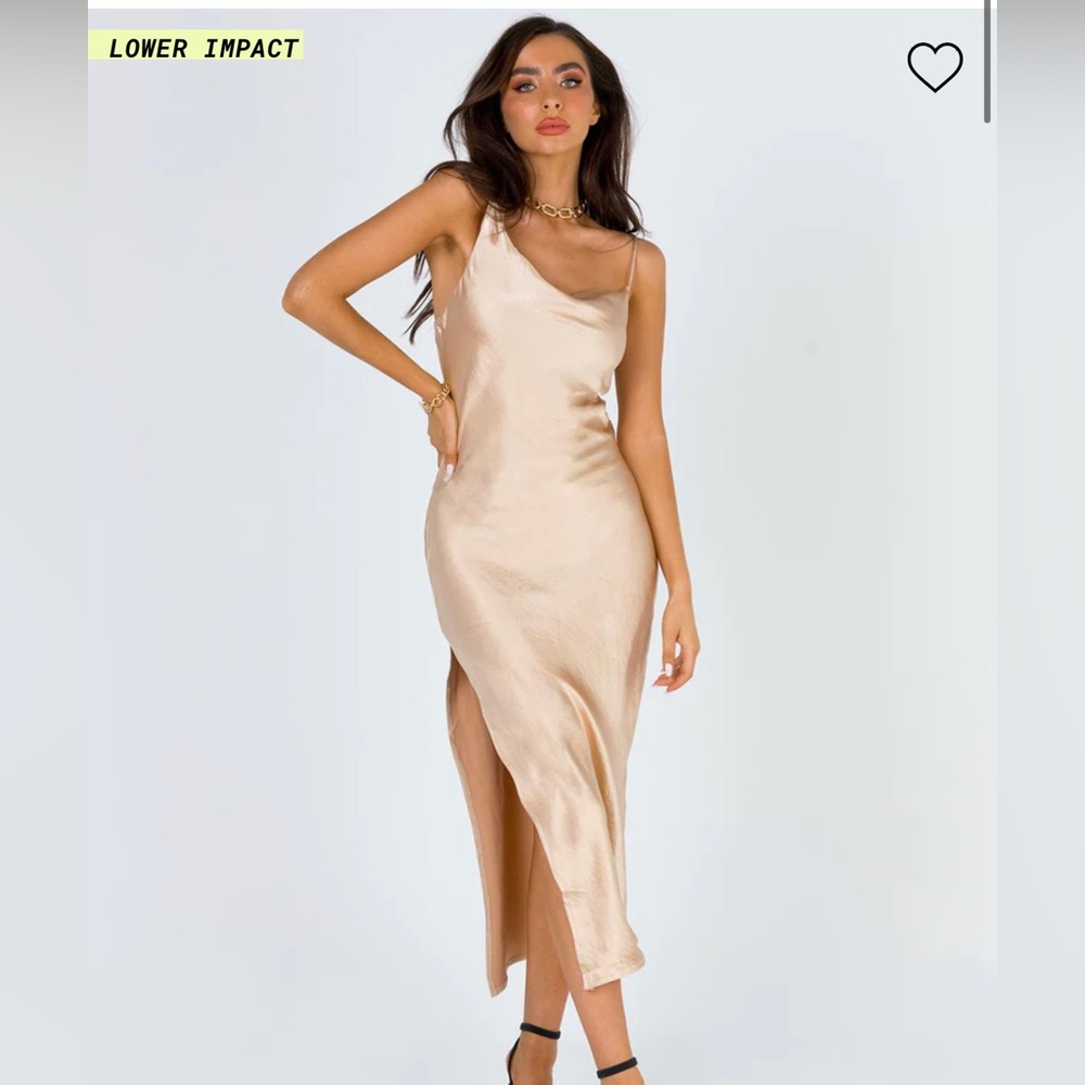 Champagne colored midi dress. Slit on right side.